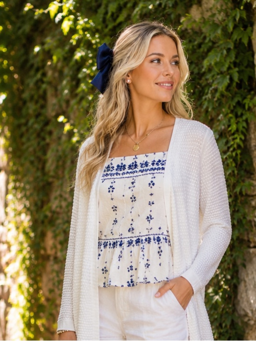 DRAPER JAMES Dotted White Cotton Blend Open Cardigan, 2X
